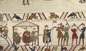 Guillermo, con Roberto de Mortain y el obispo Odo ordenan construir fortificaciones en Hastings, Tapiz de Bayeux de Unbekannt Unbekannt